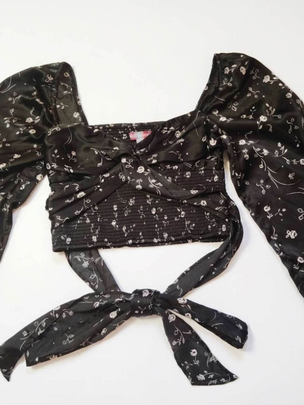 Urban Outfitters Black Floral Smocked Satin Top Small Festival Boho Satin Crop